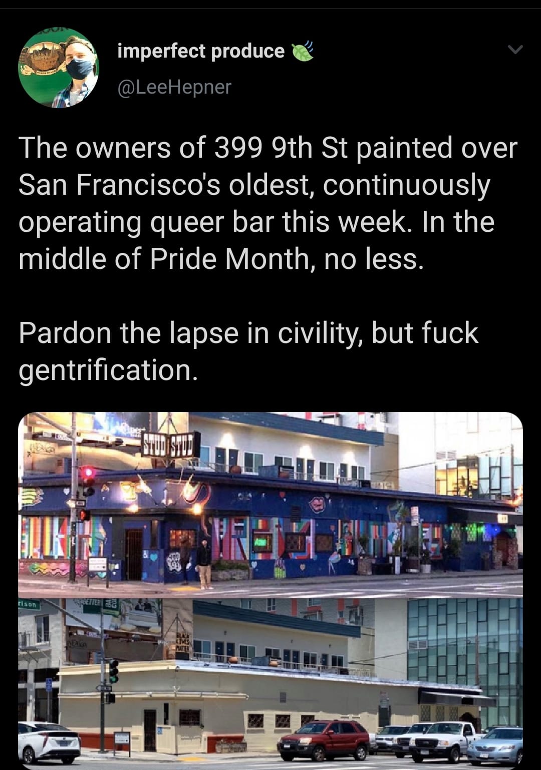 The meme is a humorous take on the irony of a popular LGBTQ+ bar in San Francisco being renamed "LGBTQ+ Free" due to a new, more expensive bar opening nearby. The caption reads: "The owners of 2nd 2 None, a gay bar in the Castro, are renaming their bar 'LGBTQ+ Free' because the new bar down the street is now the 'new gay bar'".